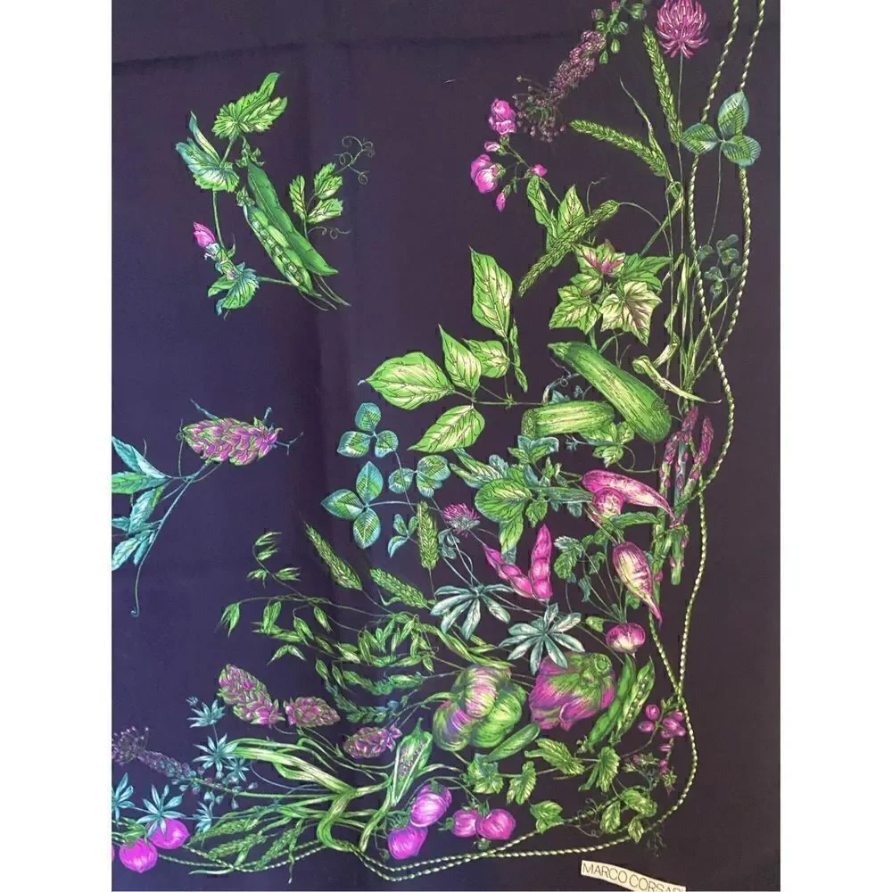 Marco Corsari Dark blue scarf with green and purple vegetables and herbs plants